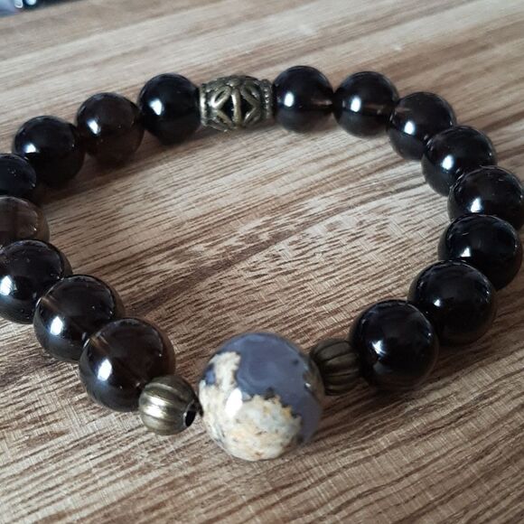 Purple Chalcedony & Smoky Quartz Beaded Stretch Bracelet - Picture 4 of 7